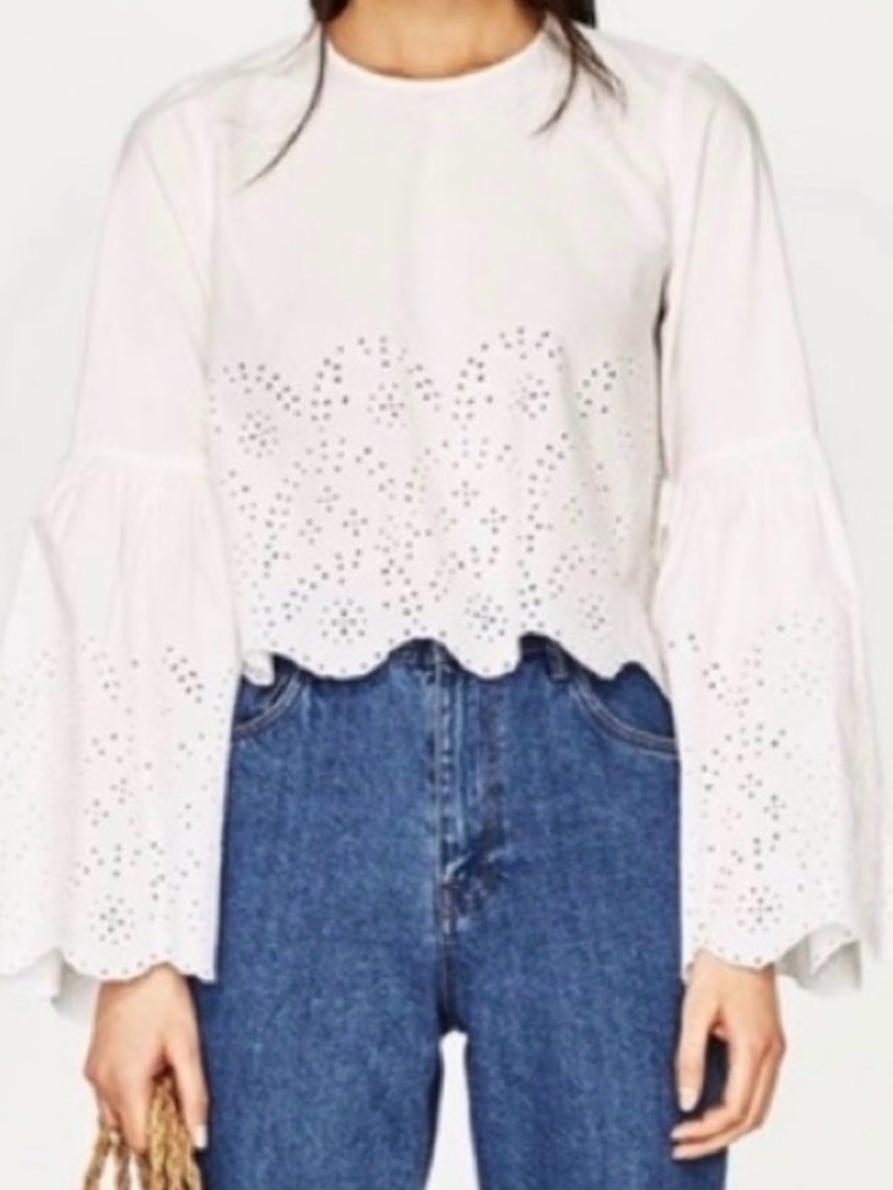 Zara White Eyelet Scallop Hem Long-Sleeve Top